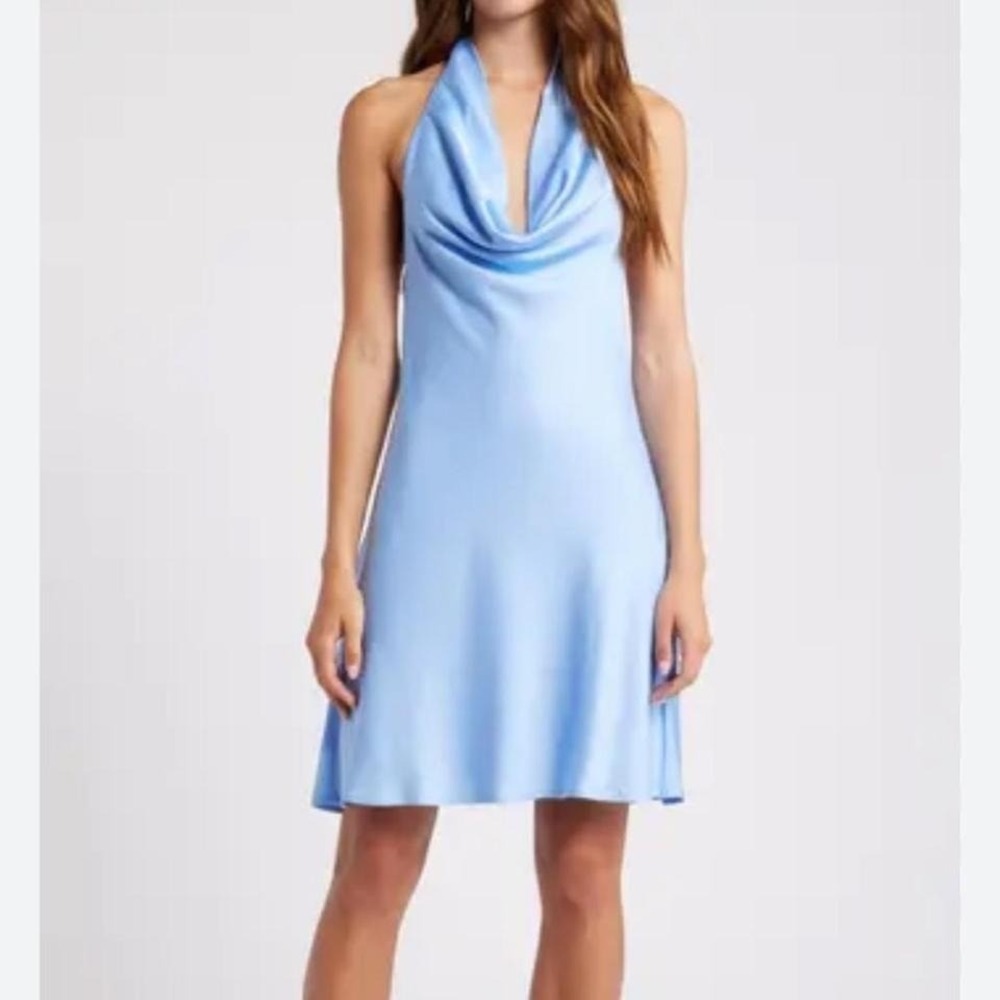 Baby Blue Halter Mini Dress French Connection Draped Cowl Neck Slip Dress Size M